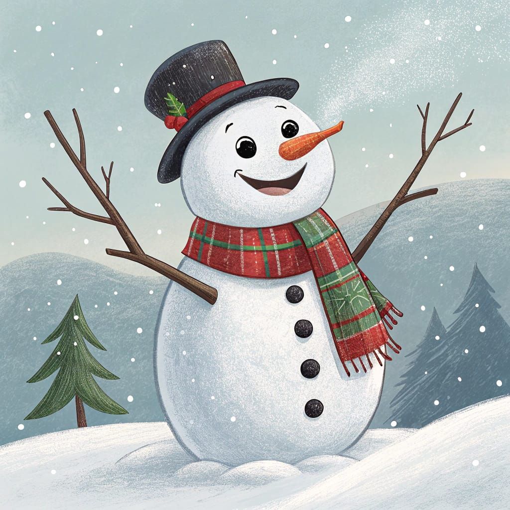 Winter Wonderland Snowman in Whimsical Storybook Style