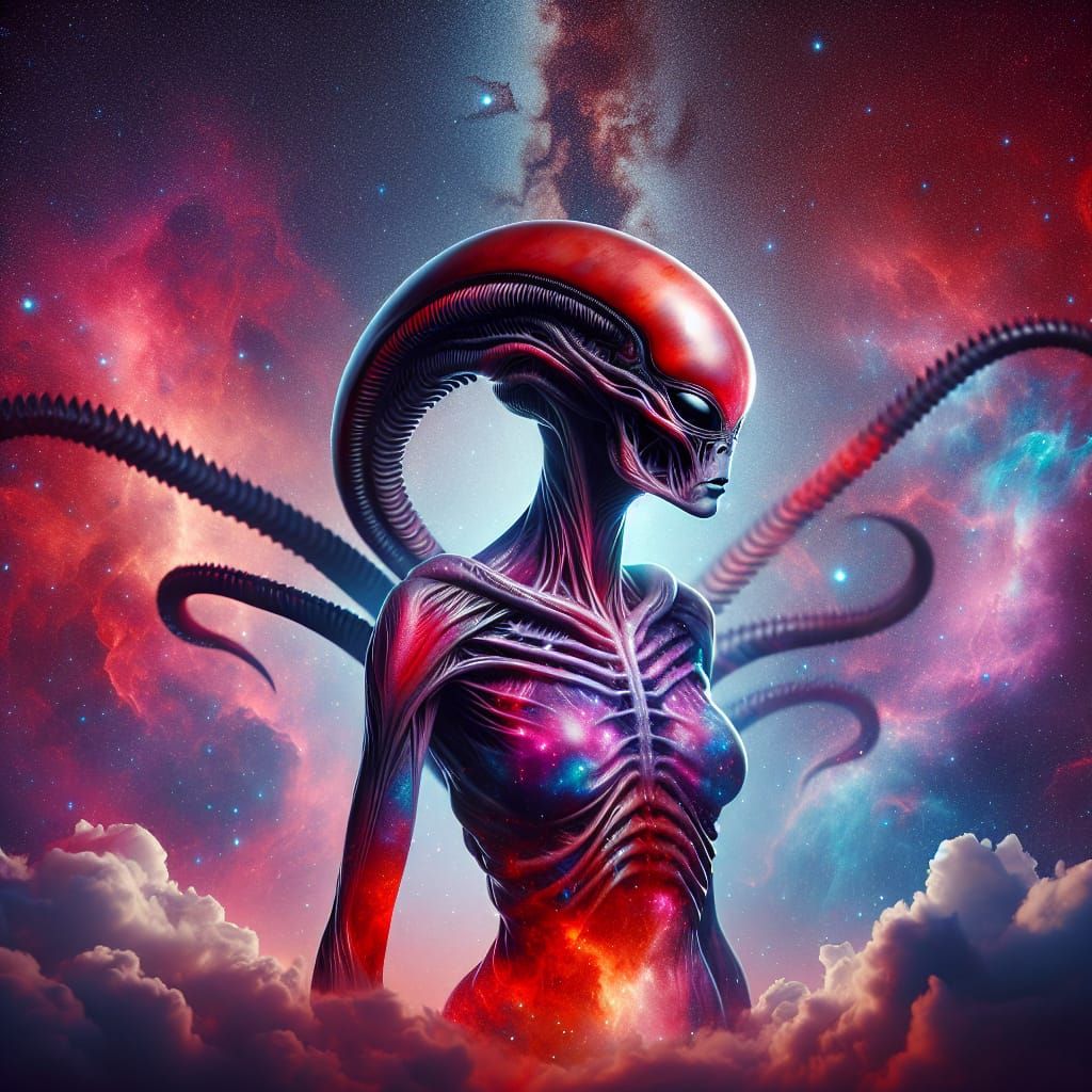 Striking Alien Woman with Horns in Galactic Scene