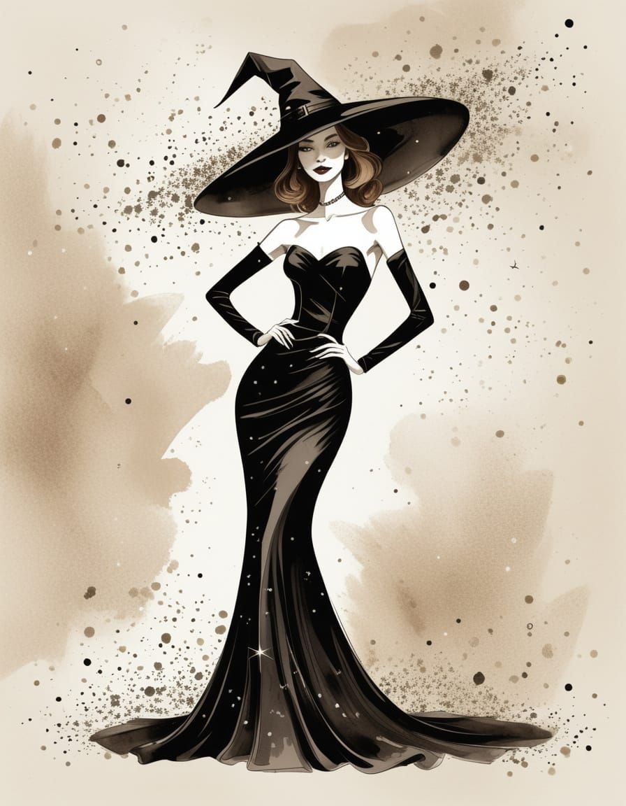 Elegant Witch Fashion Illustration with Stars and Veil