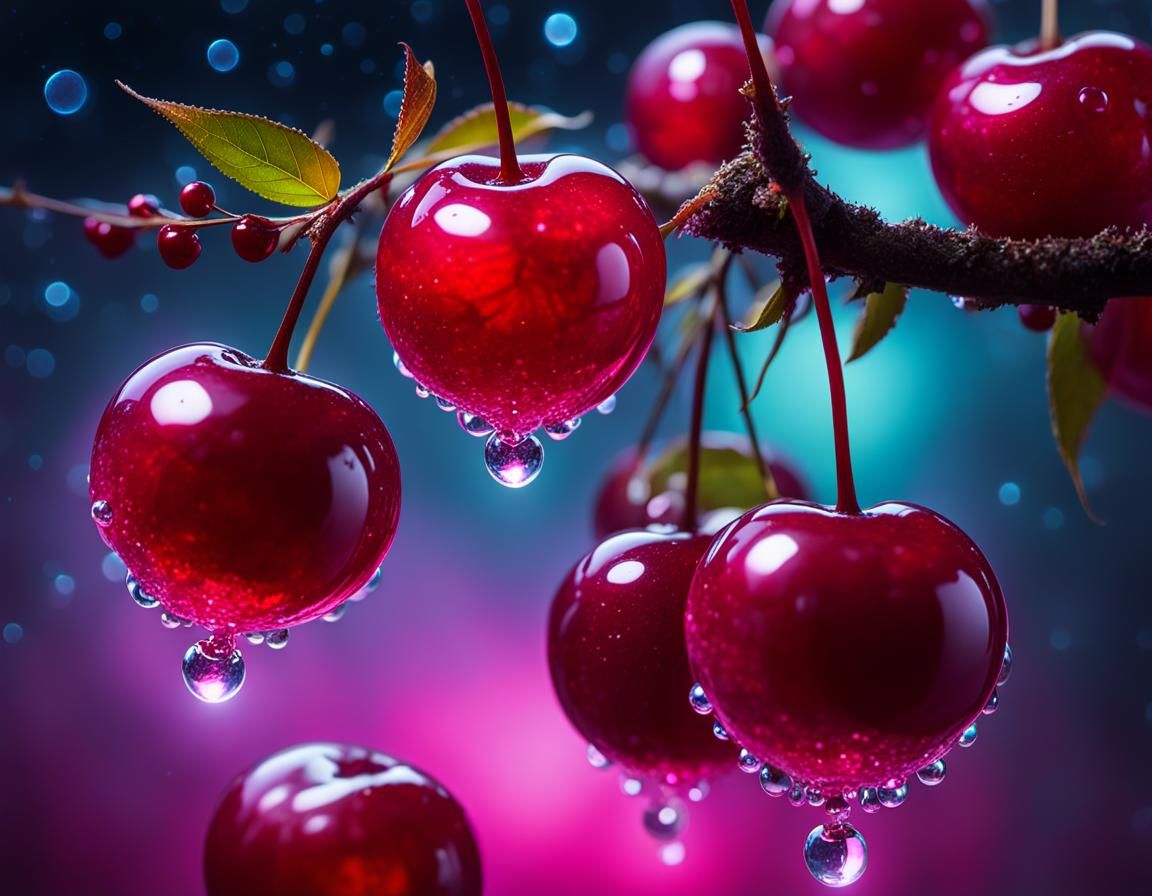 Surreal Glowing Cherries with Bioluminescent Details