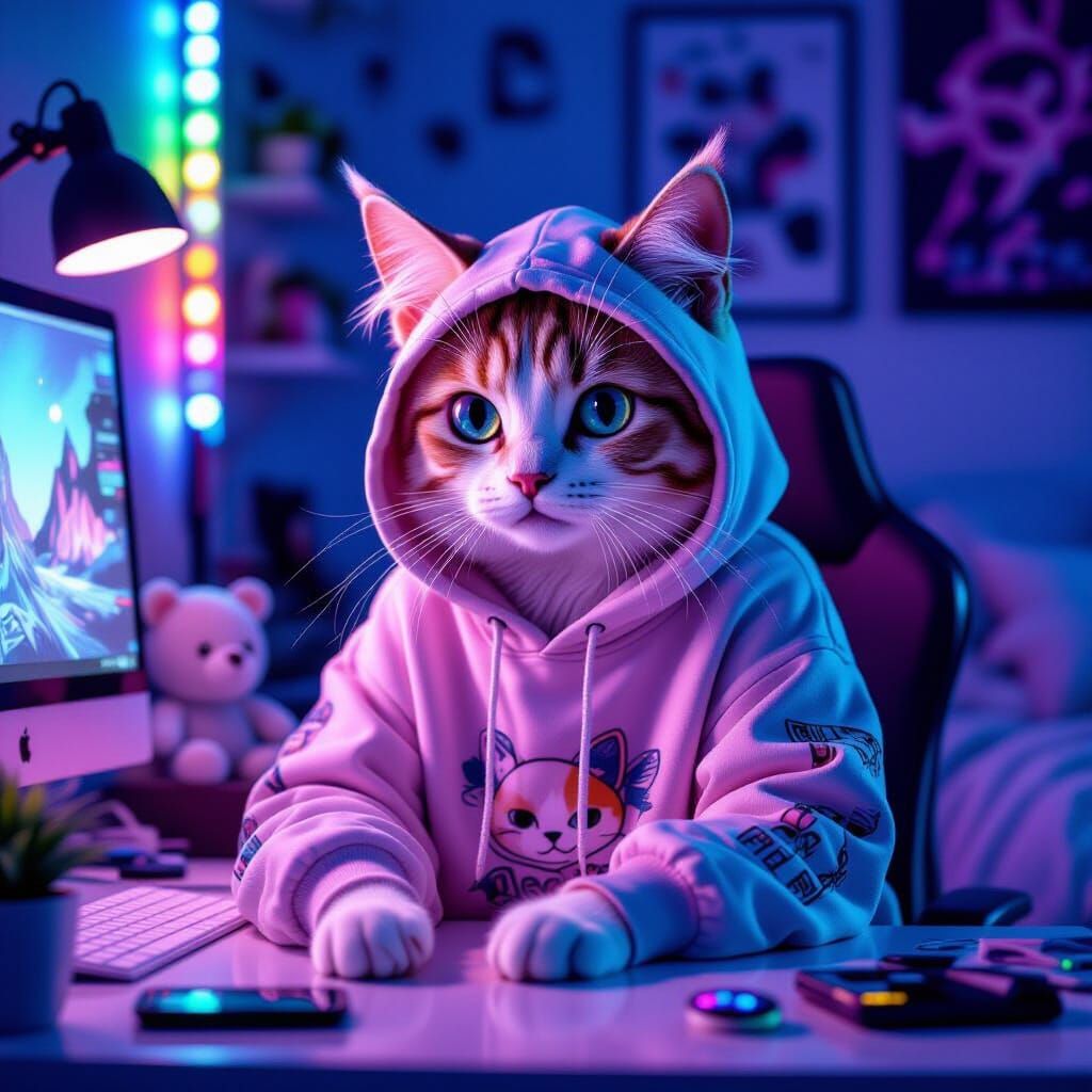 Pastel Cat-Person in Vaporwave Room, Editorial Photography