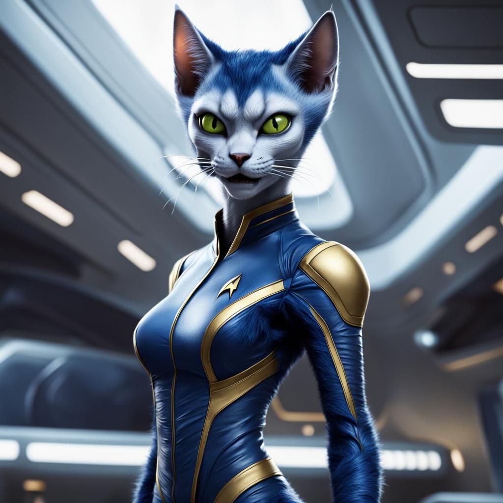Graceful Blue Catgirl Alien in Star Trek Style