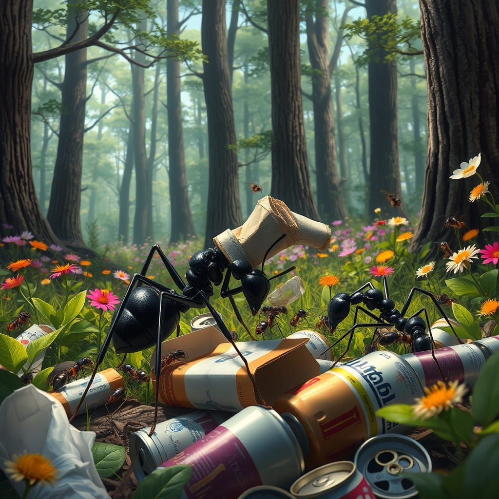 Ants Cleaning Litter in Hyper-Realistic Forest Scene