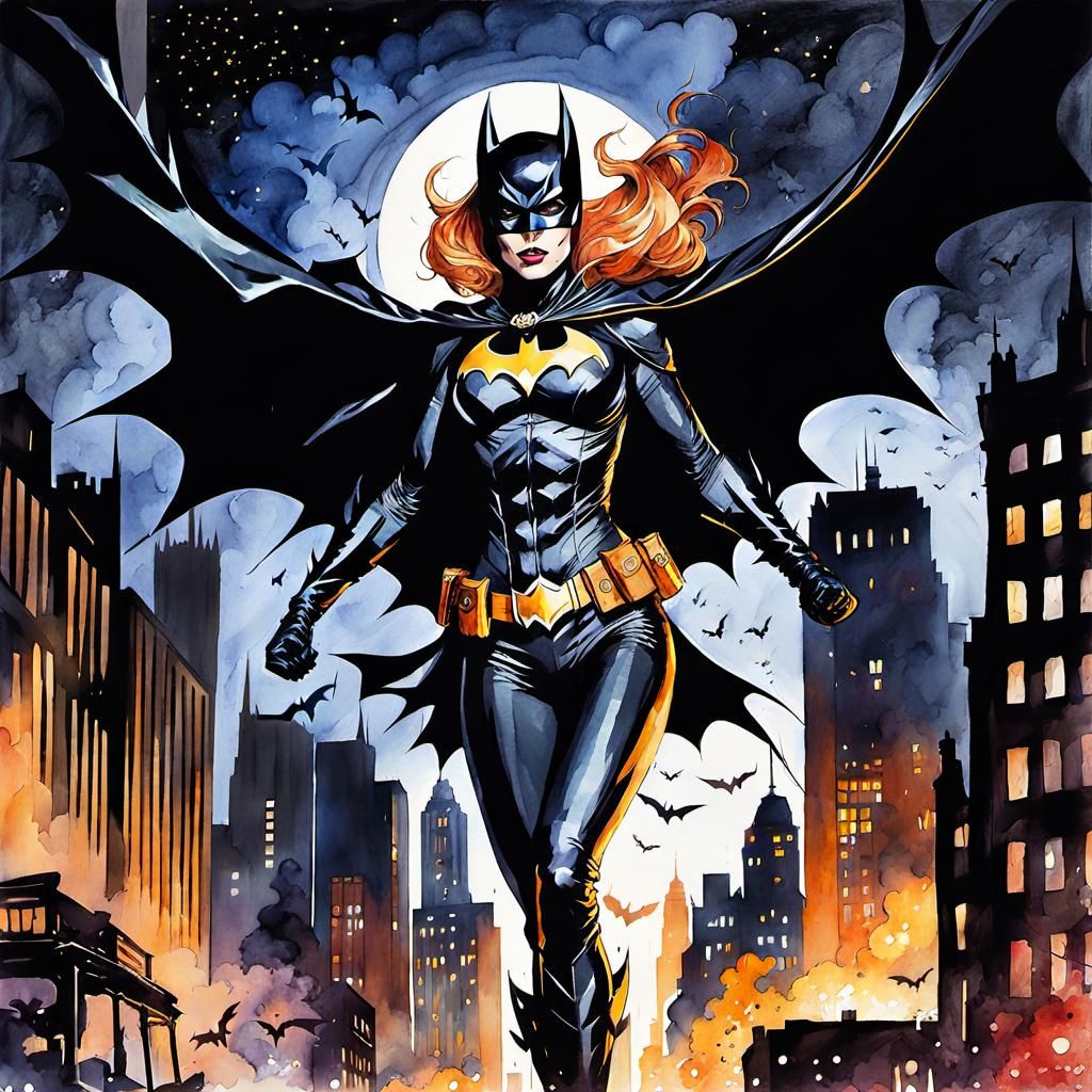 Batgirl in Gotham: Detailed Watercolor Painting