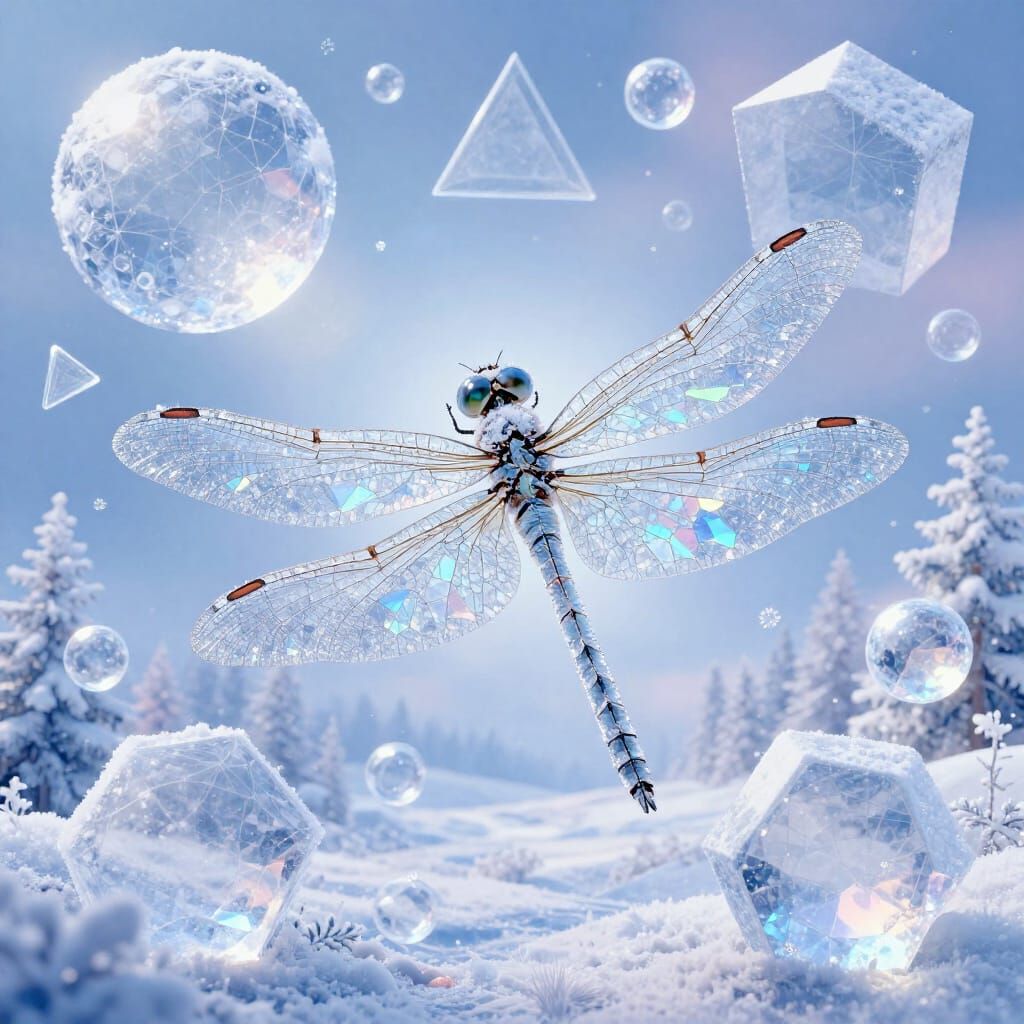 Dragonfly Made of Snowflakes in Geometric Swirl