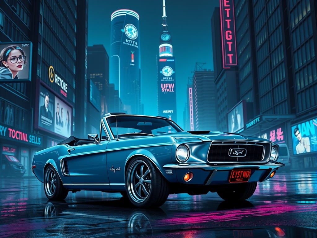 Vintage Mustang in Neon Cyberpunk Metropolis