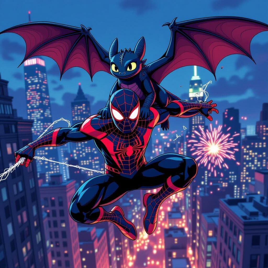 Spider-Man and Toothless in Neon Cityscape