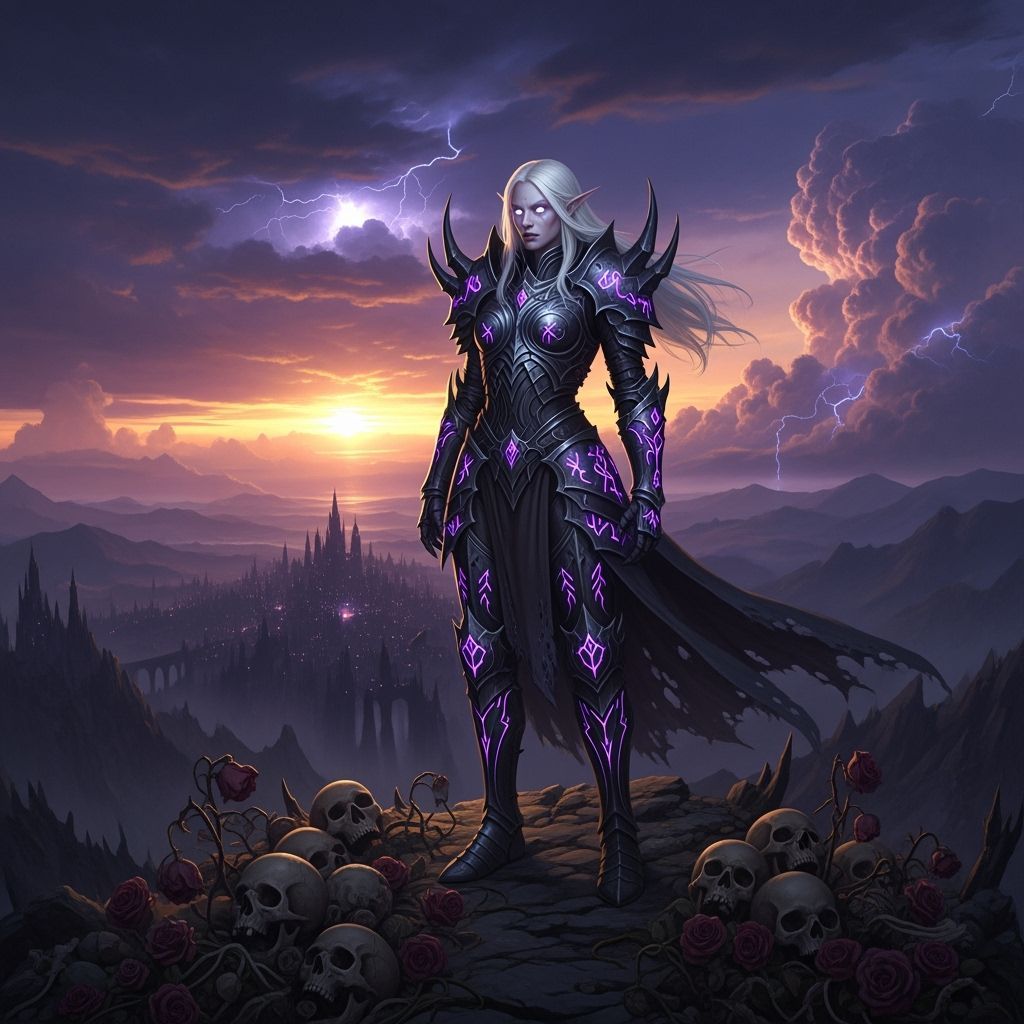 Albino Elf Warrior in Obsidian Armor at Sunset