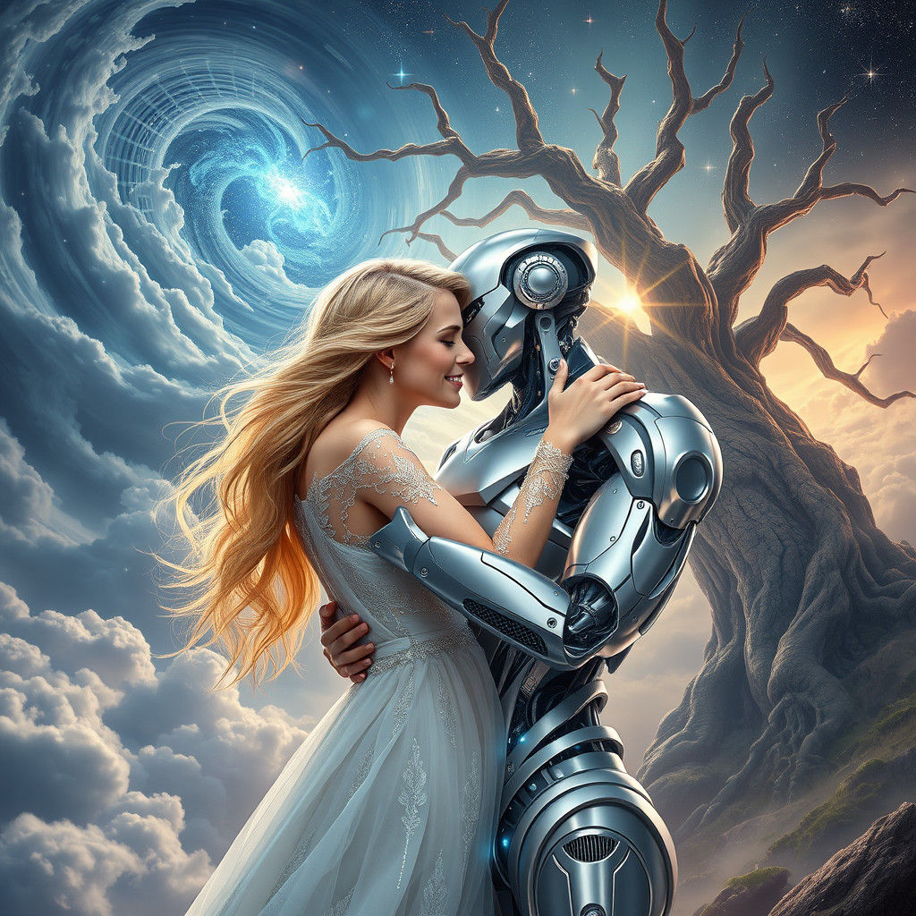 Woman and Robot Embrace in Dreamlike Landscape