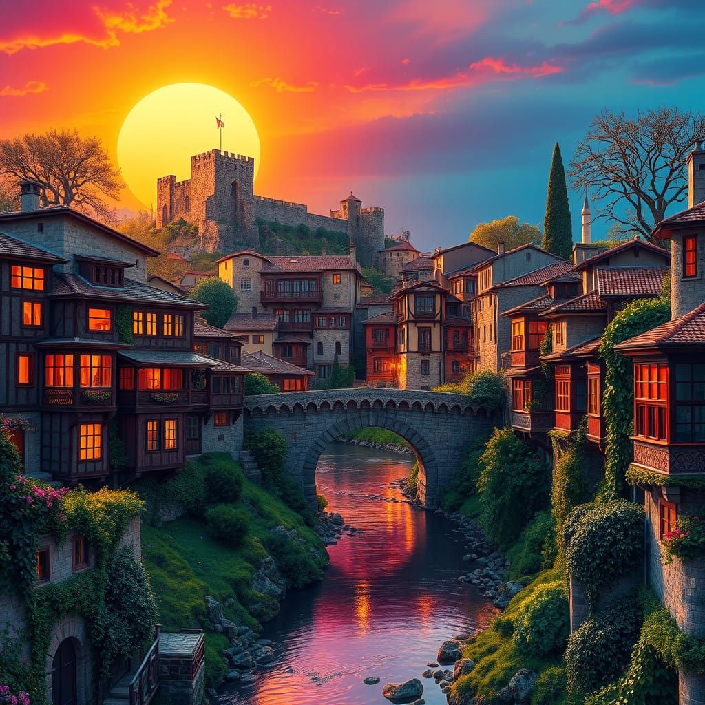 Medieval Ottoman Townscape at Sunset with Ancient Castle