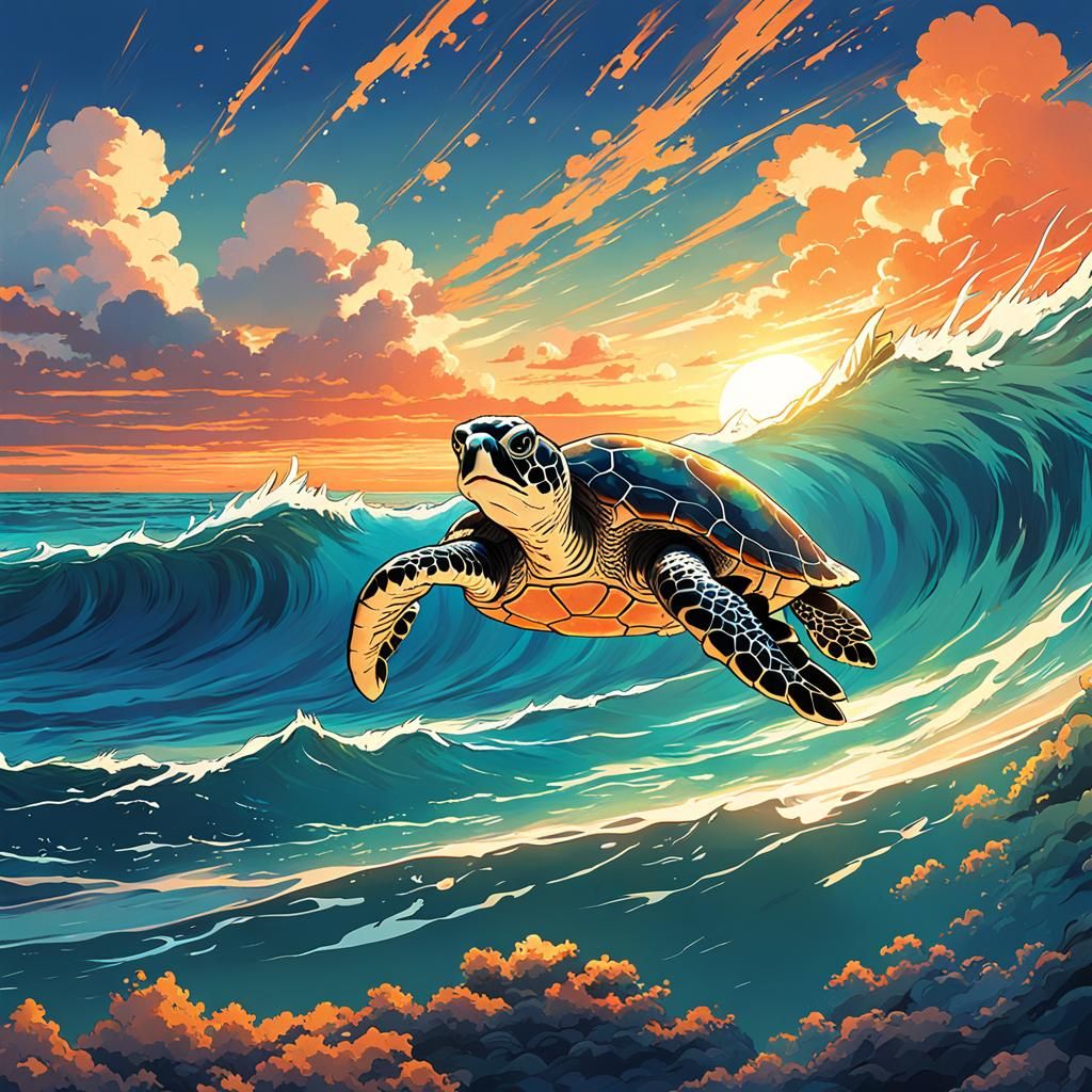 Sea Turtle Sunset: Ghibli-esque Anime Key Visual