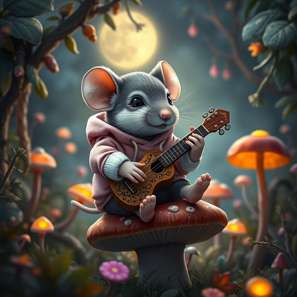 Mouse Musician in Moonlit Forest, Fantasy Art