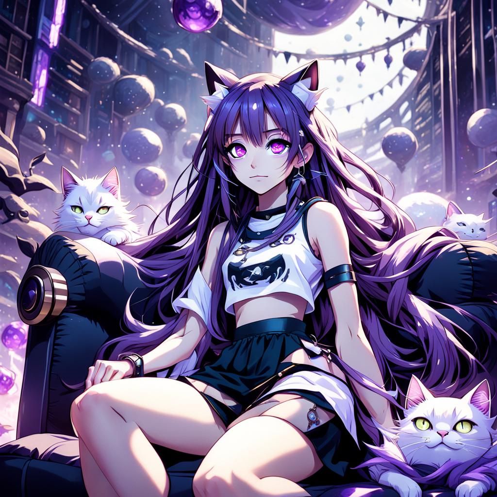 Anime Cat Girl on Beanbag Chair, Fantasy Art
