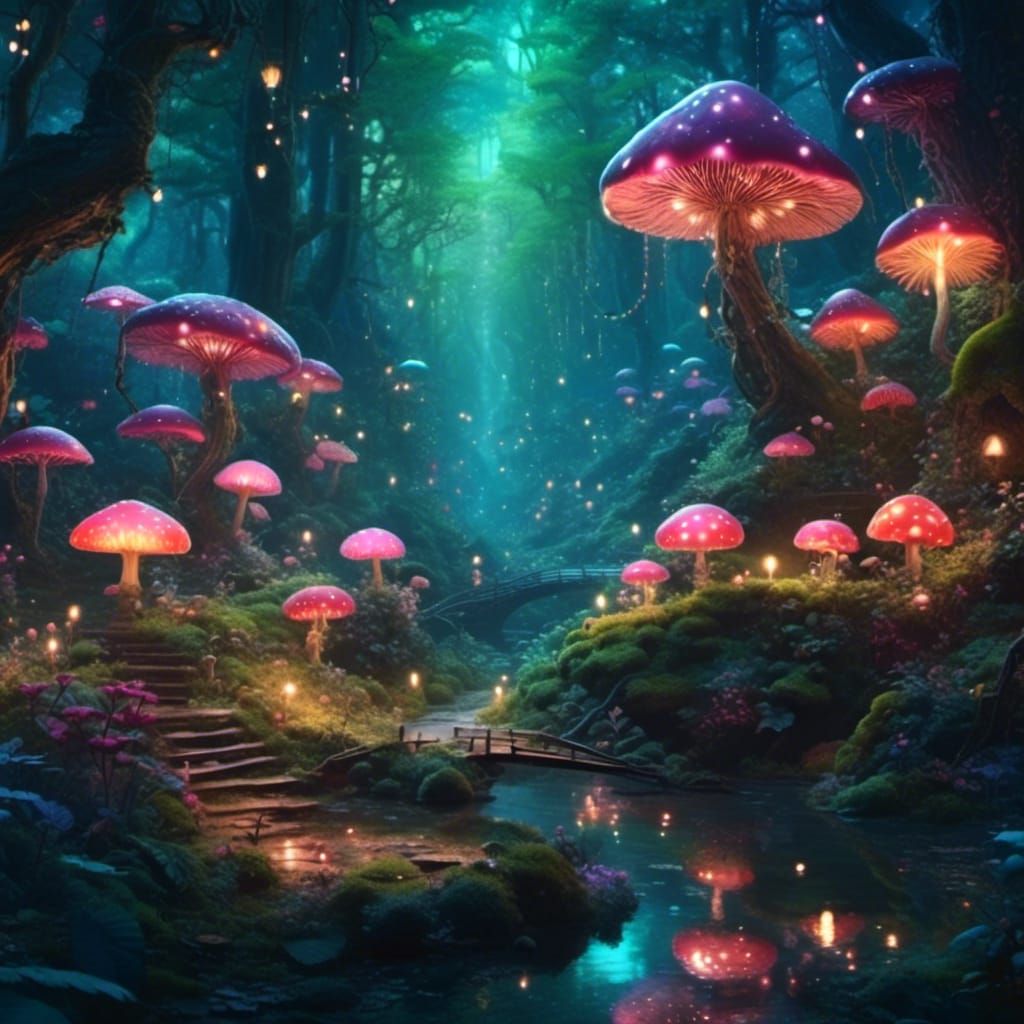 Mystical Mushroom Forest with Elves and Fireflies