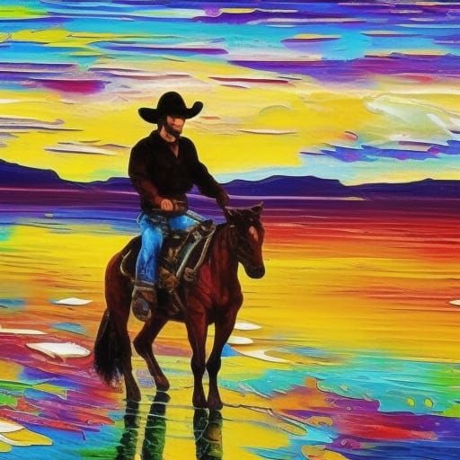 Cowboy Riding to Sunset: Neo-Impressionist Oil Painting