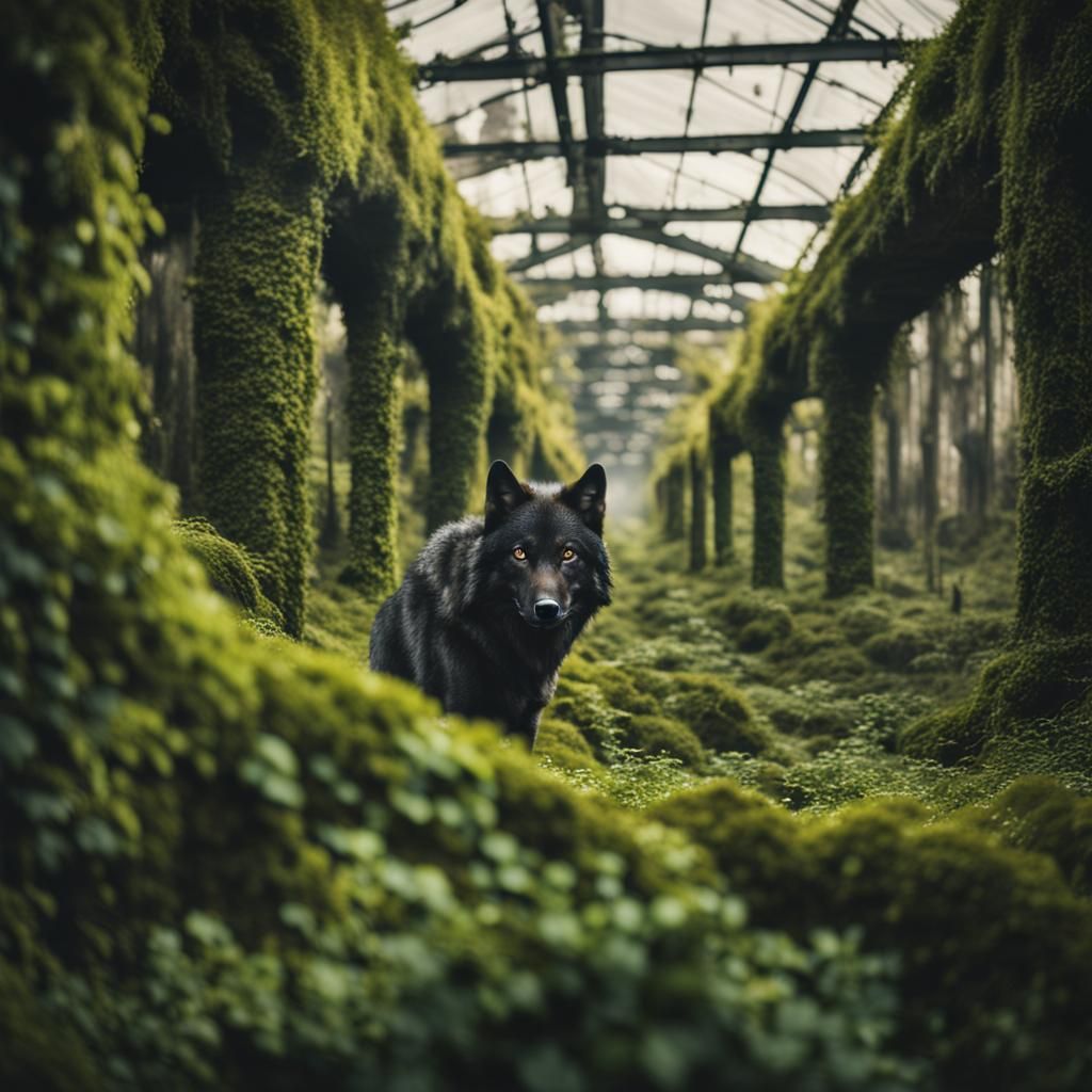 Black Wolf in Overgrown Cityscape Photography