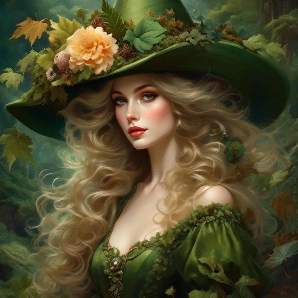 Girl with Green Witch Hat and Sparkling Eyes