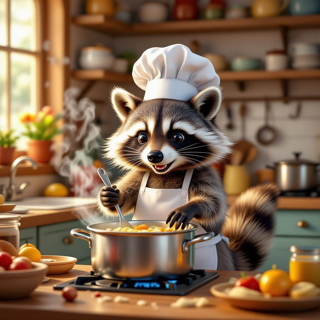 Raccoon Chef Cooking in Whimsical Kitchen, Hyperrealistic St...