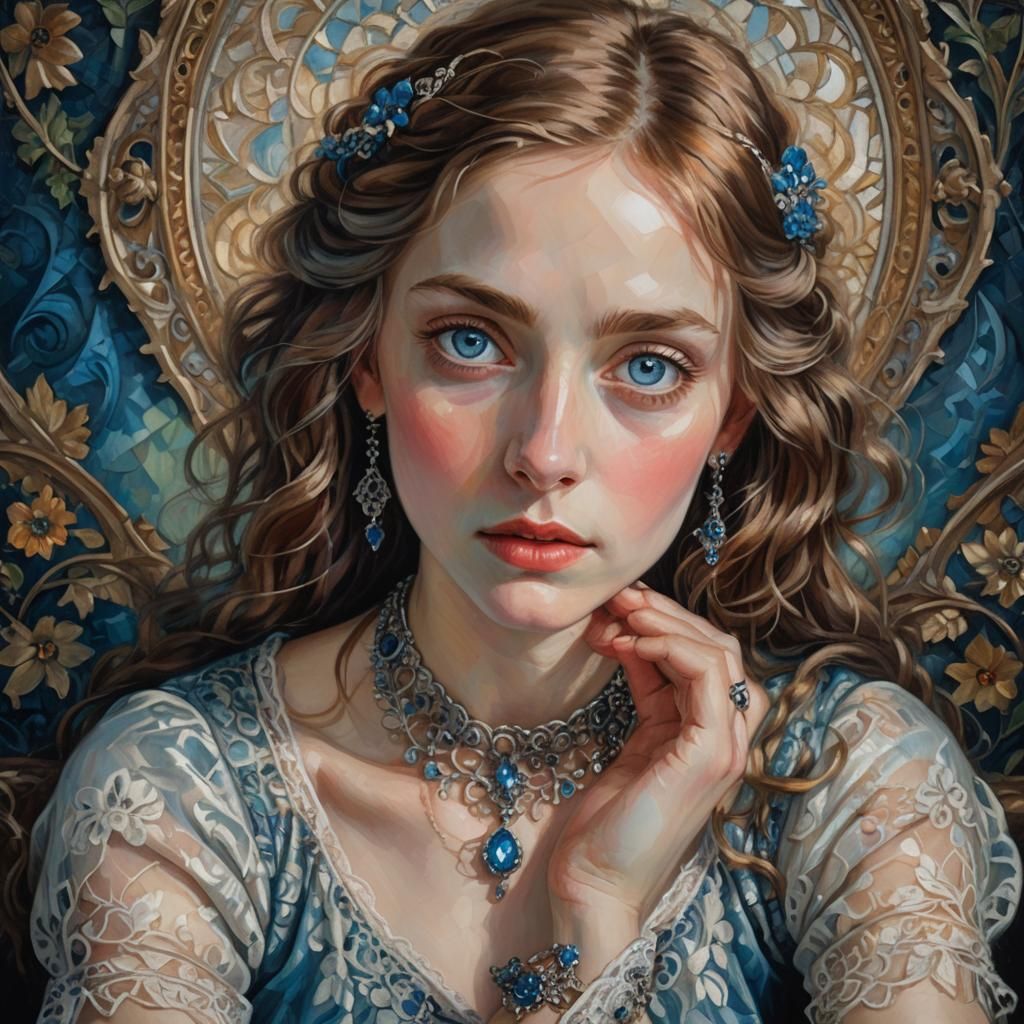 Woman with Blue Eyes: A Pre-Raphaelite Oil Painting