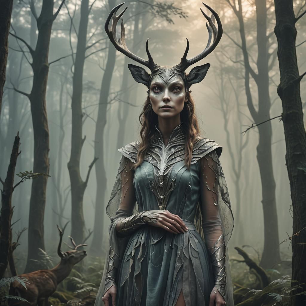 Alien Woman Deer Face Portrait in Ethereal Fauvist Art