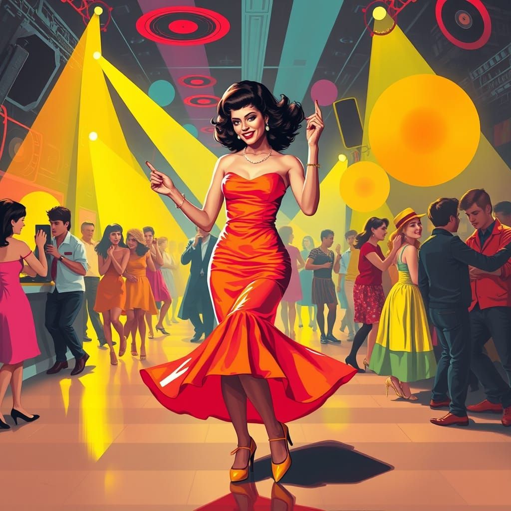 Vibrant Woman Dancing Twist in Pop Art Style