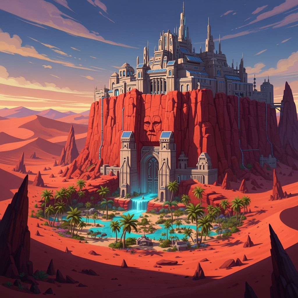 Majestic Fortress on Desert Wall in Sci-Fi Style