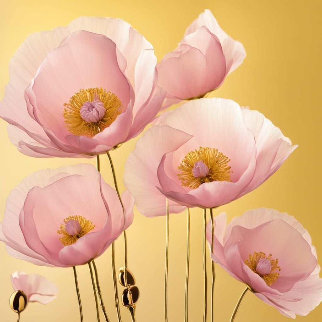 Pale Pink Poppies with Gold Edges on Yellow Background