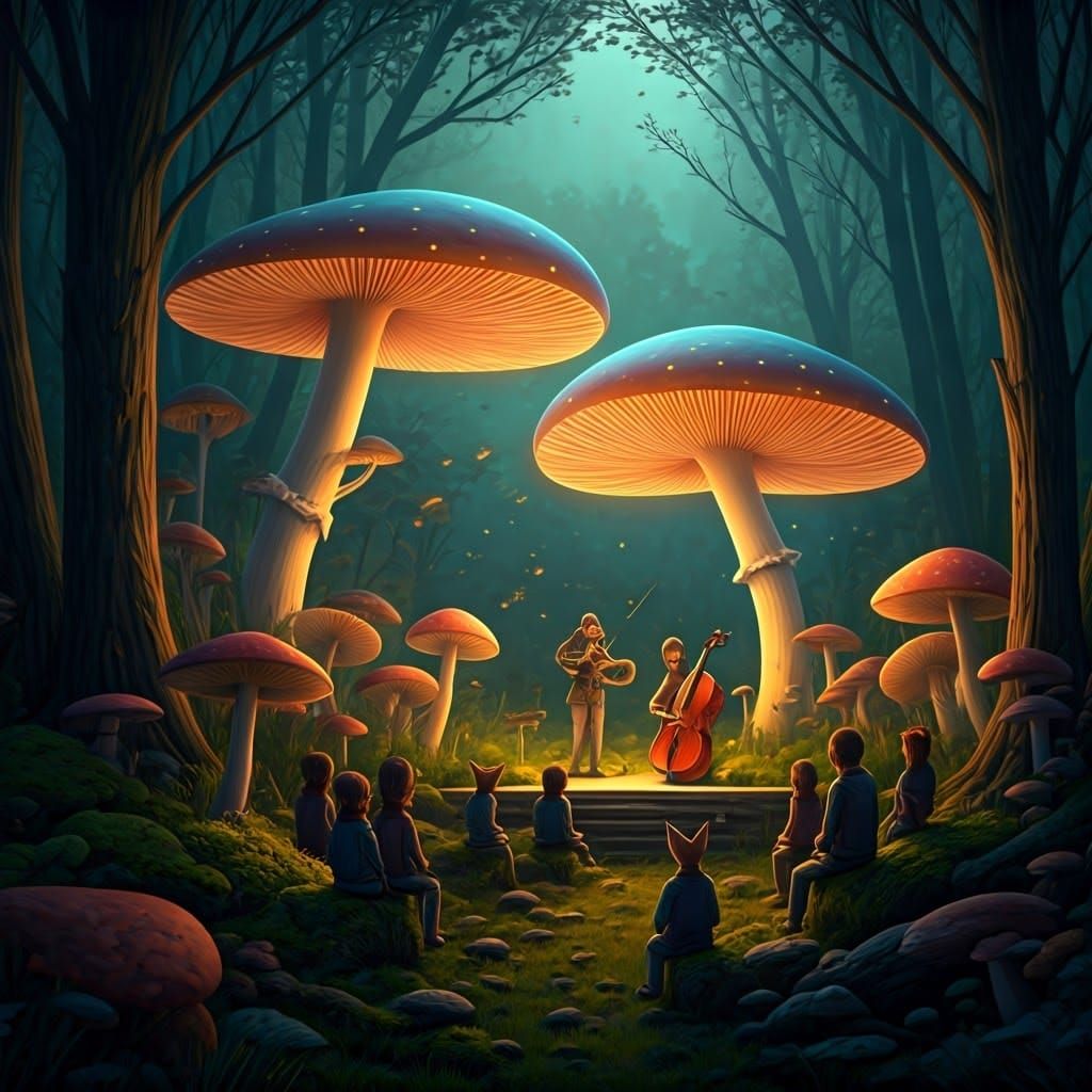 Surreal Meadow Music Festival with Glowing Mushrooms
