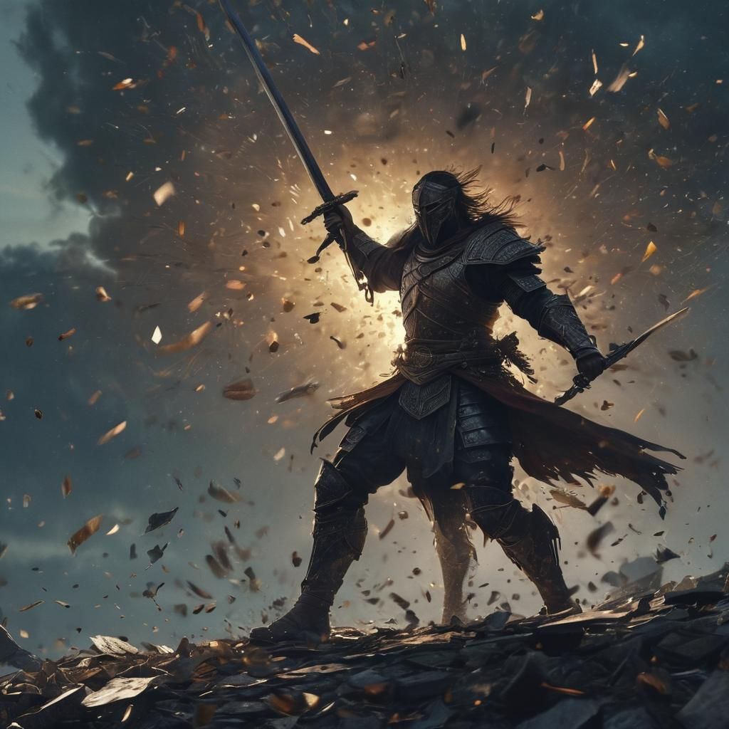 Furious Warrior in Golden Hour Amidst Flying Money