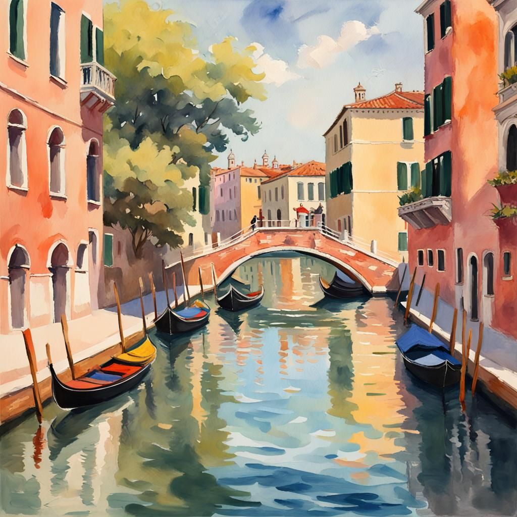 Venice Lido Landscape in Gouache Watercolor Style