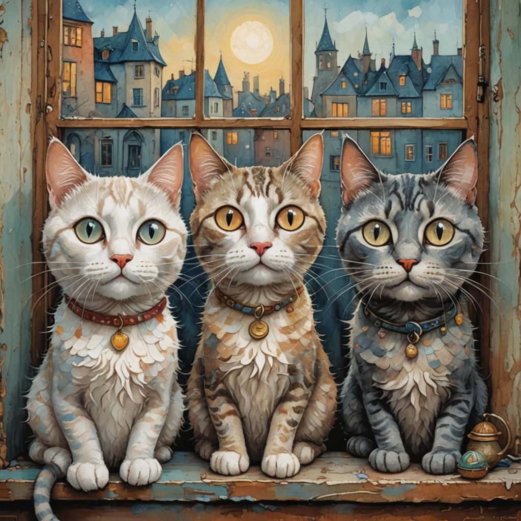 Whimsical Cats on a Windowsill Illustration