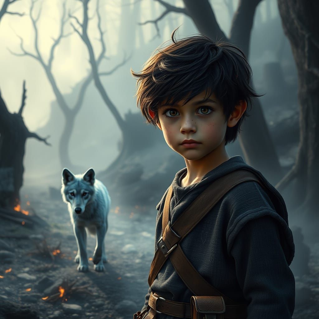 Boy with Magic in Ruined Post-Apocalyptic Forest