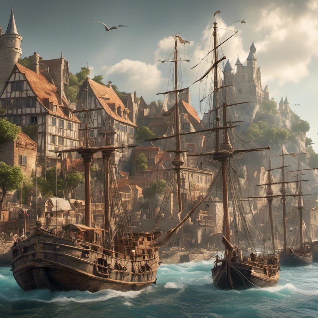 Medieval Port City with Sailing Ships in Soft Focus