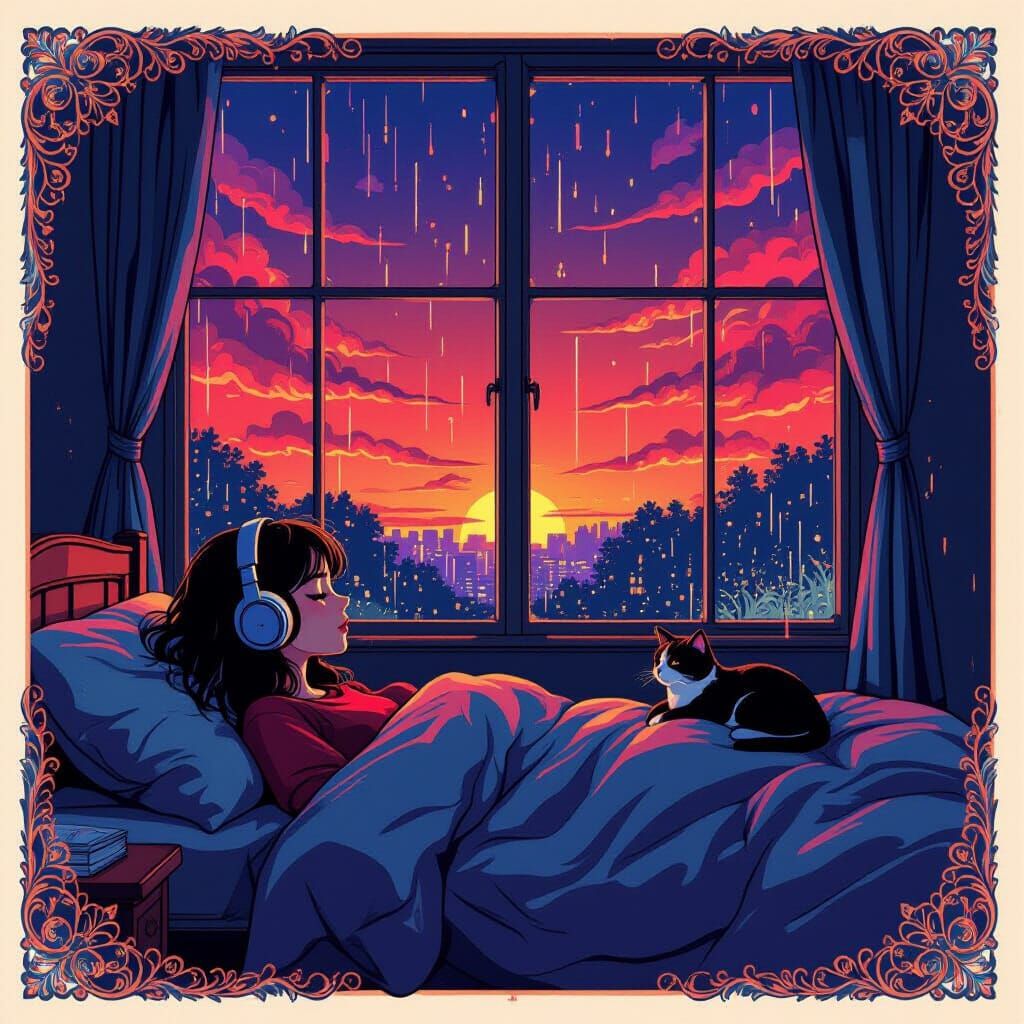 Lofi Girl in Rainy Night, Digital Art Style