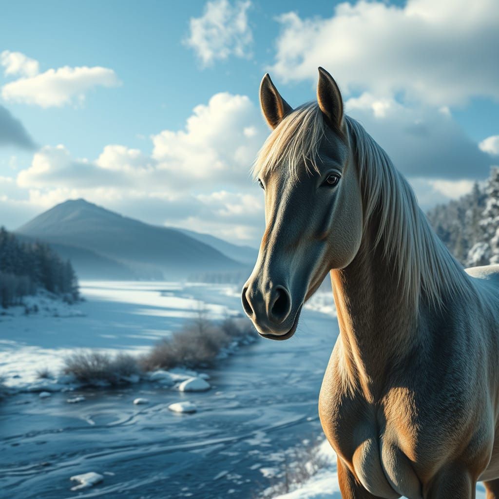 Epic Winter Scene with Horse by Frozen River
