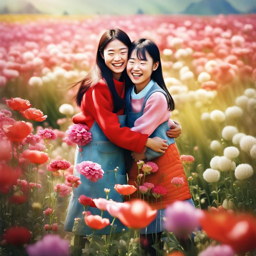Laughing Girls Hugging in Spring Flower Field