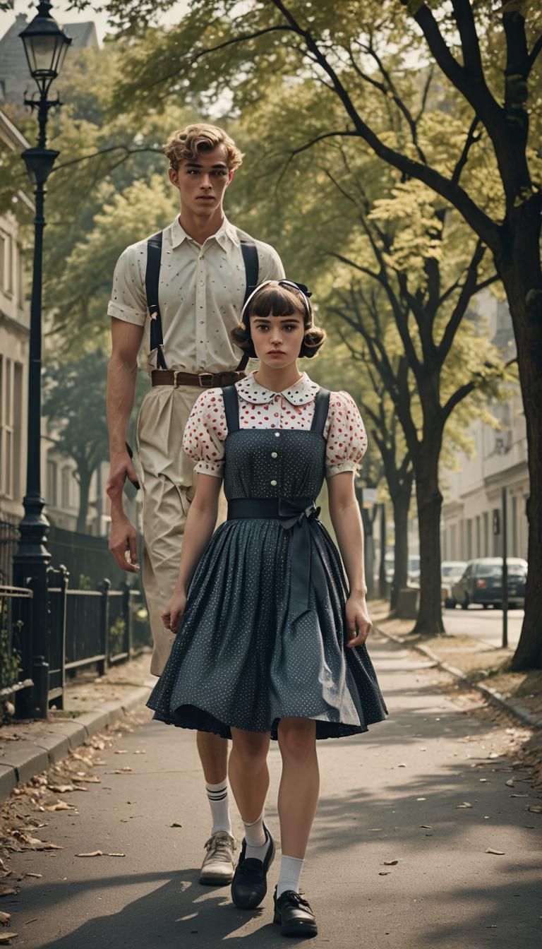 Muscular Young Man in Polka Dress, Walking with a Woman in a...