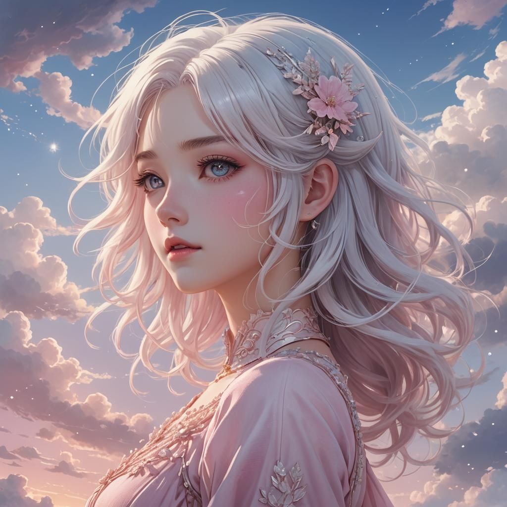 Anime Girl in Pink Dress with White Hair