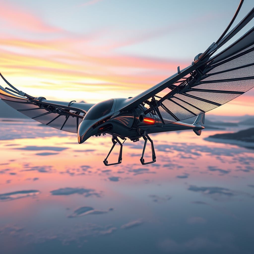 Futuristic Chrome Ornithopter Over Silver Lake