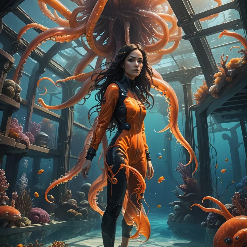 Underwater House with Giant Squid, Detailed Matte Painting
