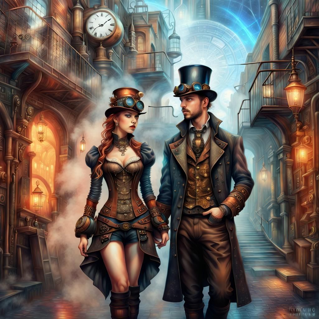 Steampunk Couple in Fantasy Alley: Detailed Portrait