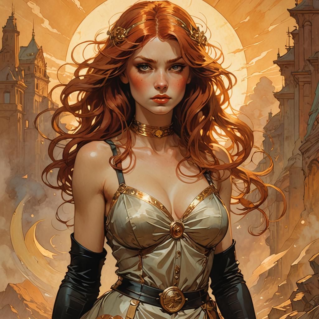 Redhead Girl in Art Nouveau Comic Book Style