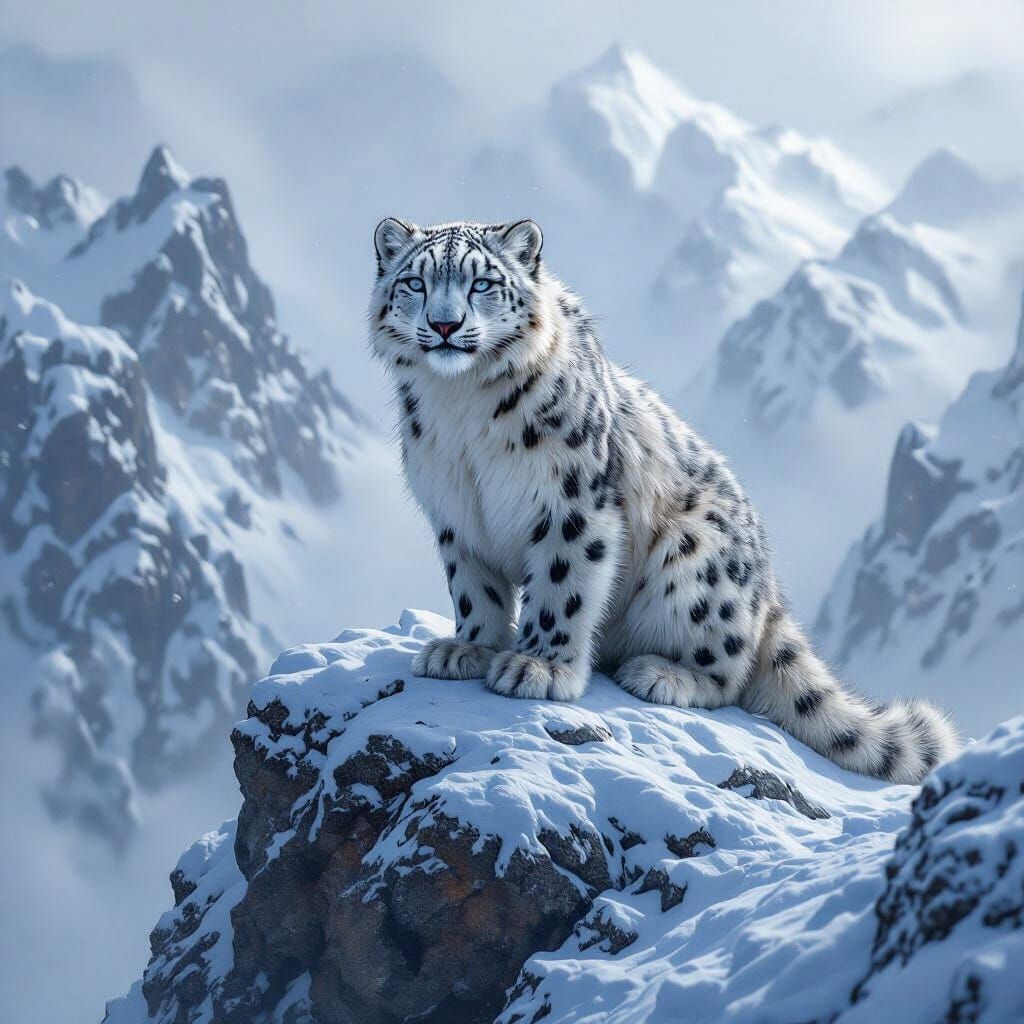 Snow Leopard on Ice-Covered Mountain Peak