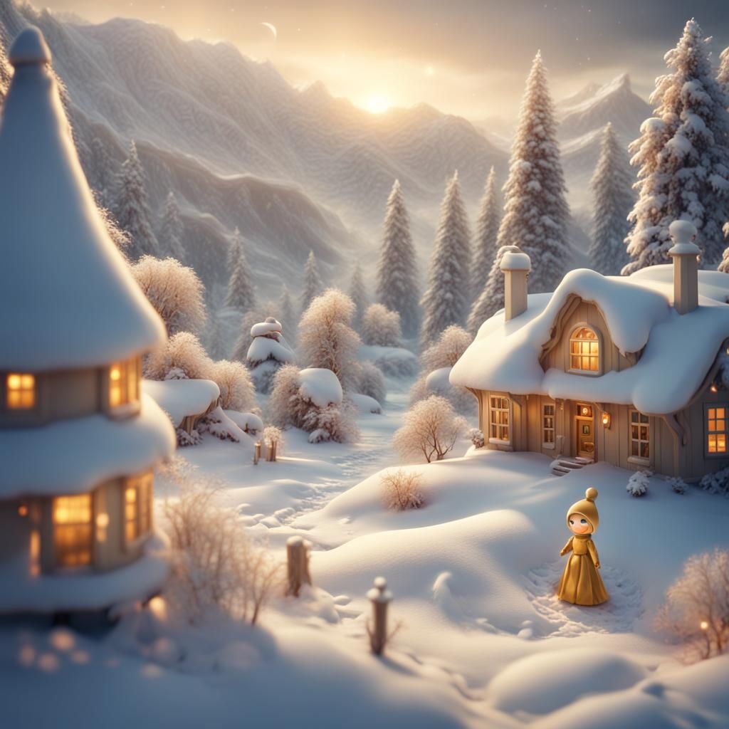 Golden Doll in Snowy Landscape: Digital Matte Painting