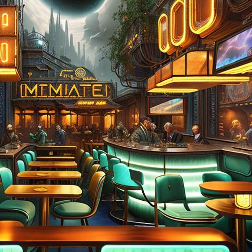 Retrofuture Café in Digital Matte Painting Style