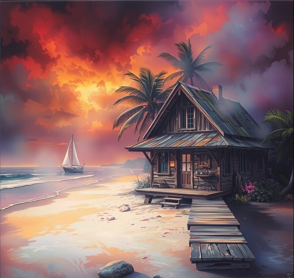Rustic Hawaiian Seaside Shack in Vibrant Watercolor