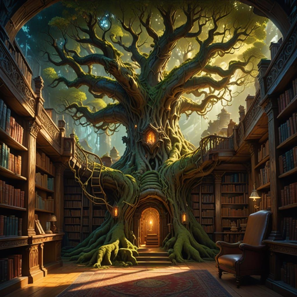 Majestic Library Inside Ancient Tree, Painterly Realism