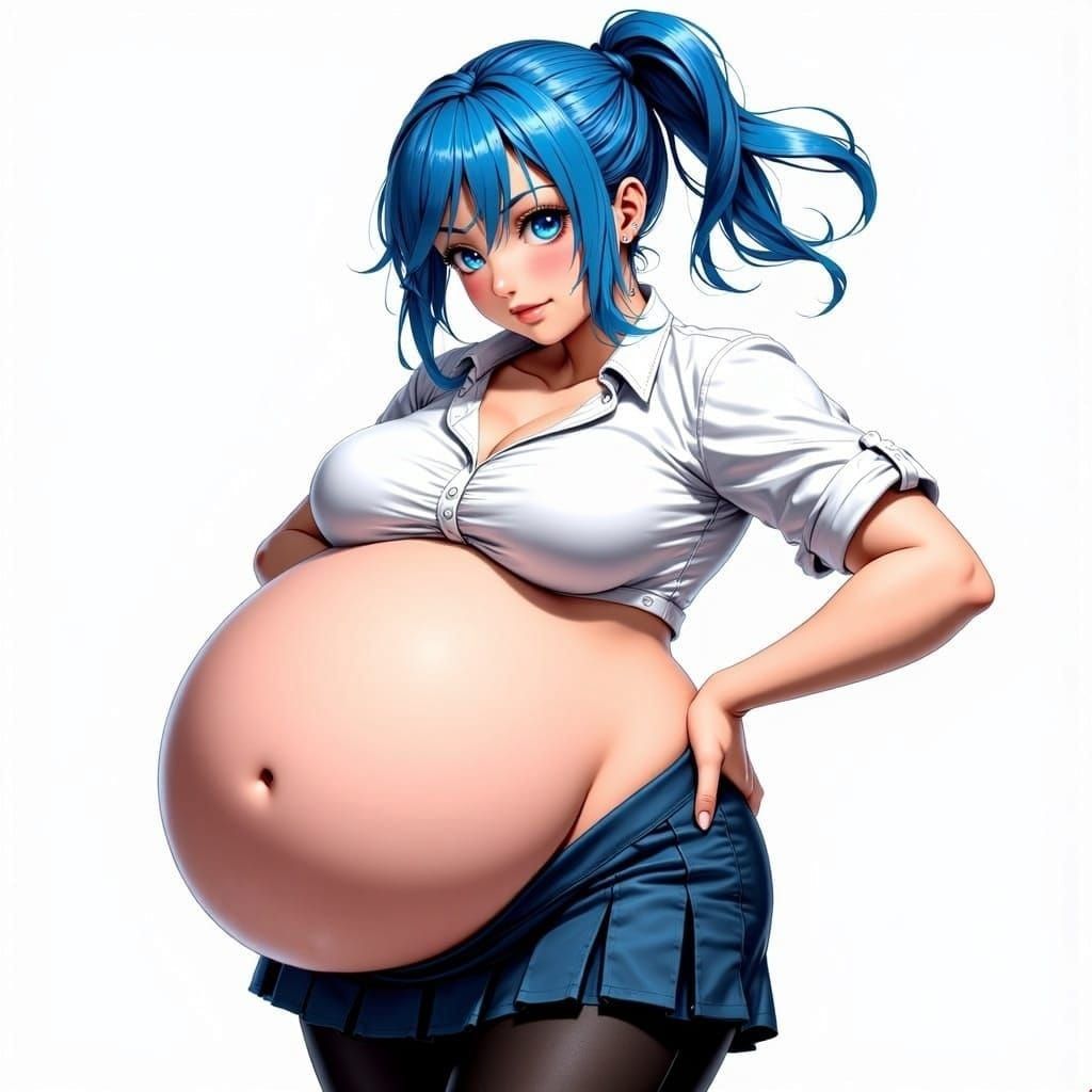 Anime Girl with a Massive, Bloated Belly in a Cute Outfit