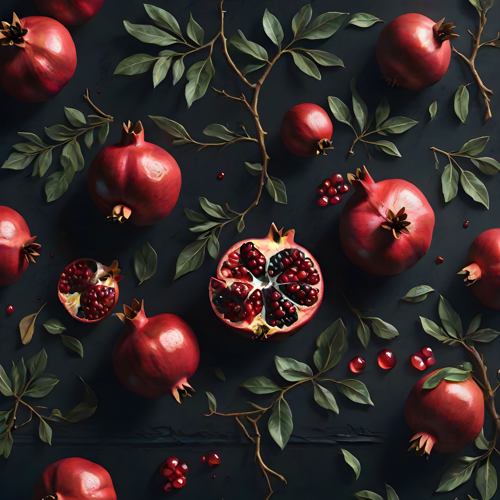 Hyperrealistic Still Life of Pomegranate and Berries in Gold...