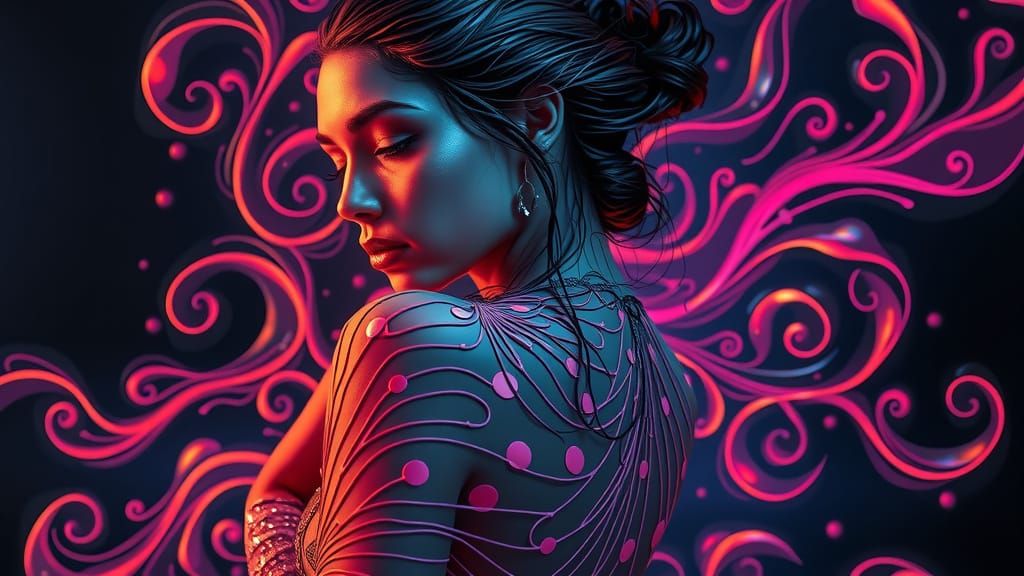 Woman with Swirling Lines in 3D Rendering